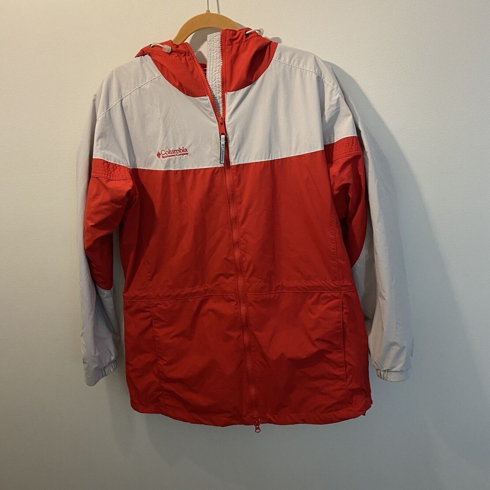 Columbia Jacket Women's Large Red Grey Jacket Hooded Windbreaker Full Zip